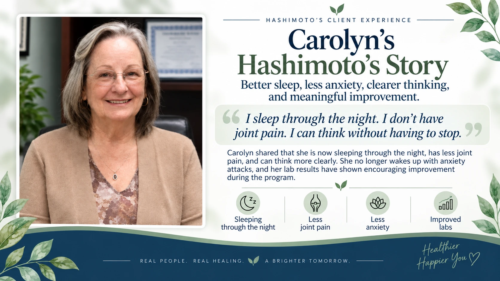 Carolyn sharing her Hashimoto's client experience with better sleep, less joint pain, clearer thinking, and less nighttime anxiety