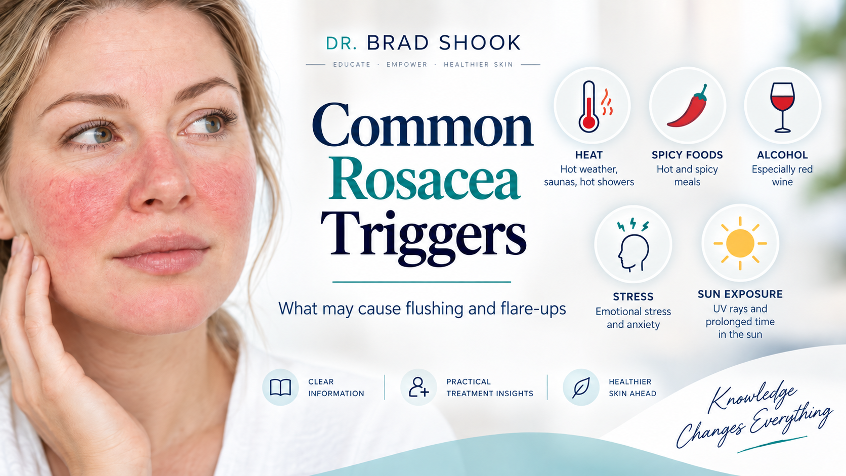 Common rosacea triggers including sun exposure, heat, spicy foods, alcohol, and stress