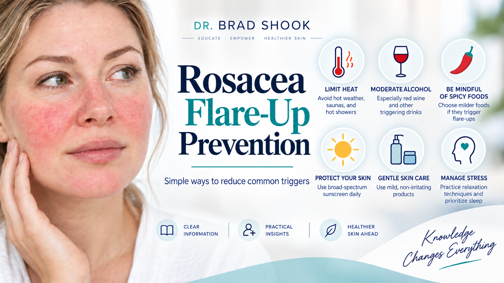 Rosacea flare-up prevention including heat, alcohol, spicy foods, sun protection, gentle skin care, and stress management