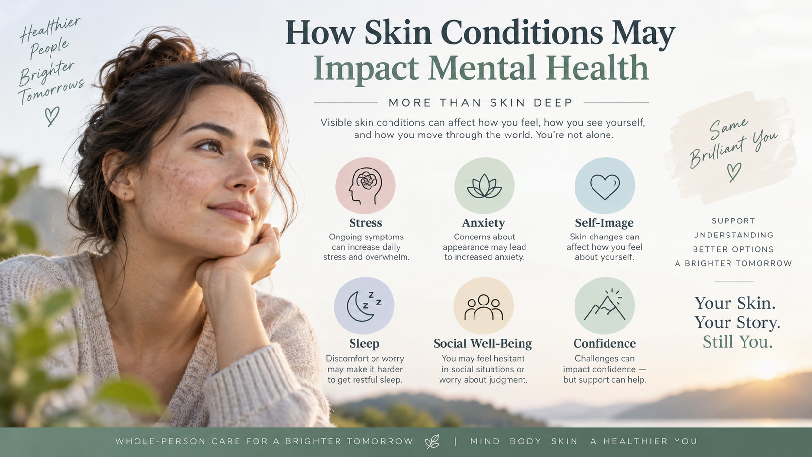 How skin conditions may impact mental health, including stress, anxiety, self-image, sleep, social well-being, and confidence