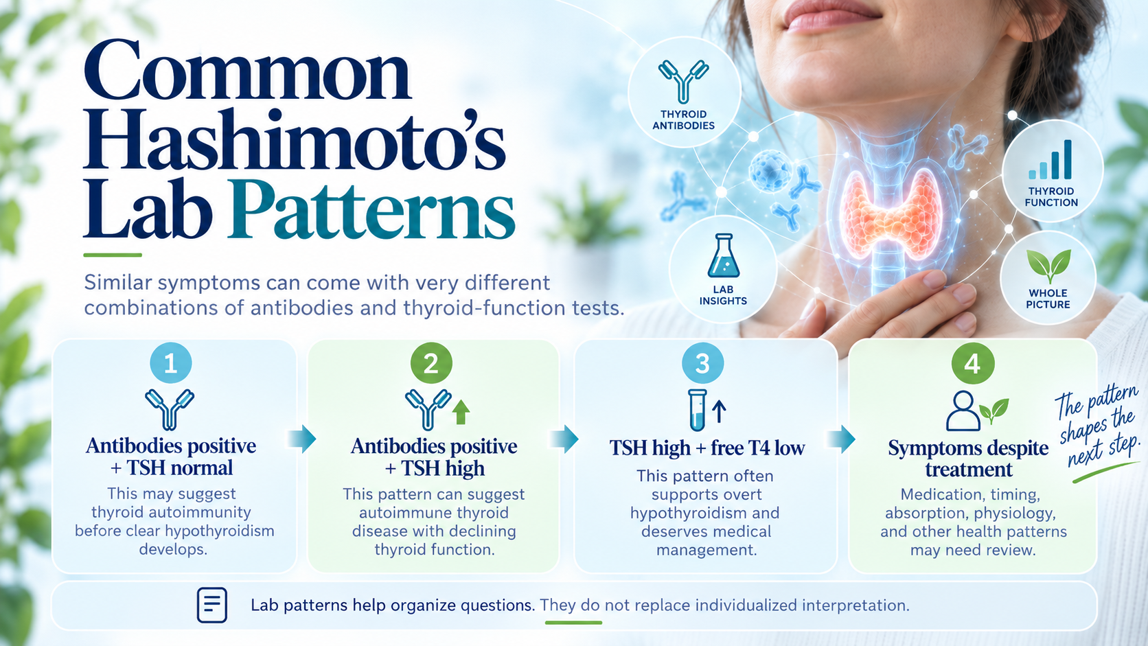 Comparison infographic showing several combinations of thyroid antibody results, TSH, free T4 and persistent symptoms.