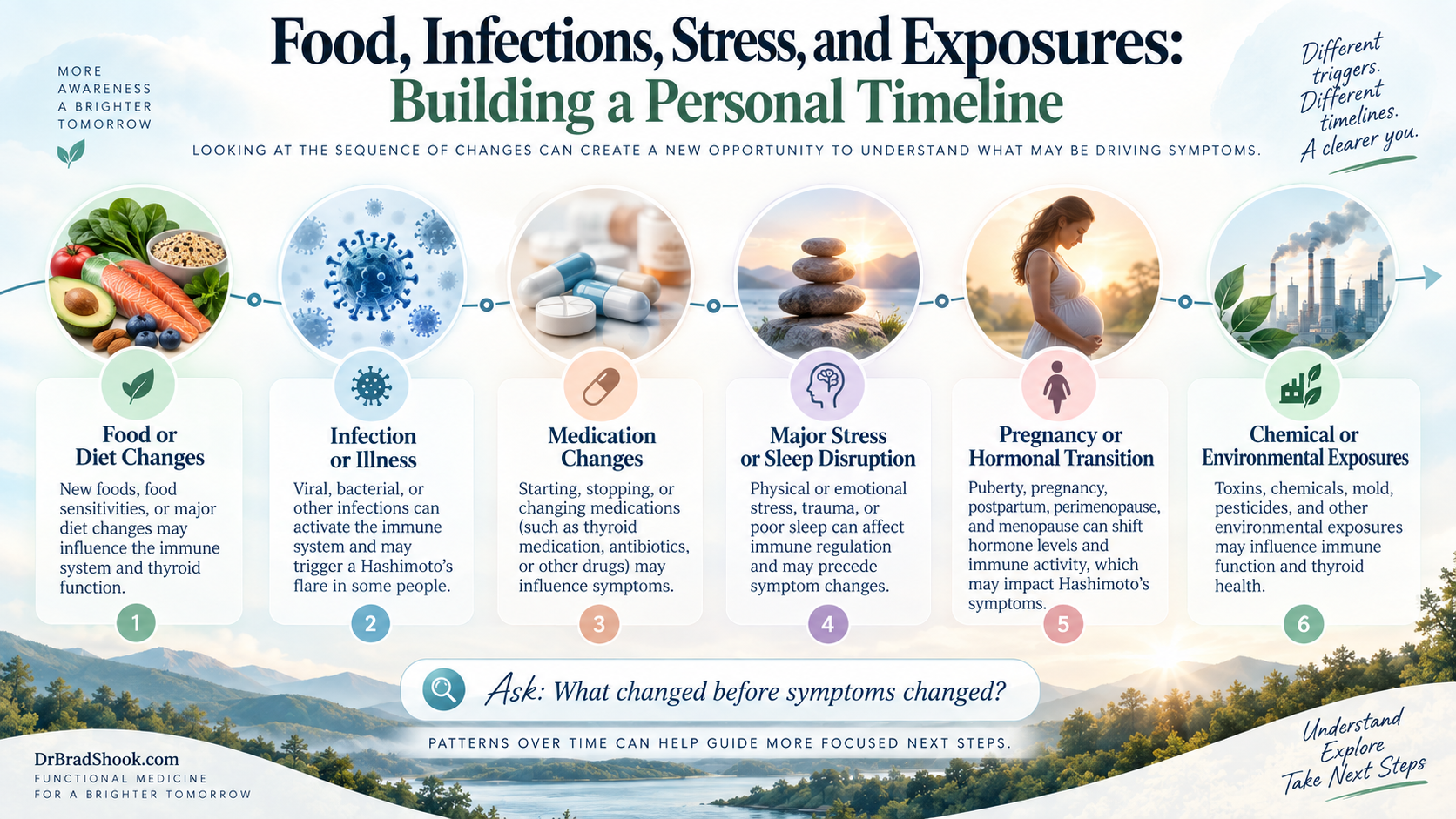 Hashimoto's timeline showing food changes, infections, medications, stress, and chemical exposures