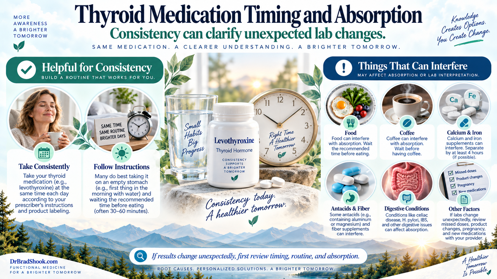 Thyroid hormone medication timing and absorption factors including food, coffee, calcium, iron, and consistency