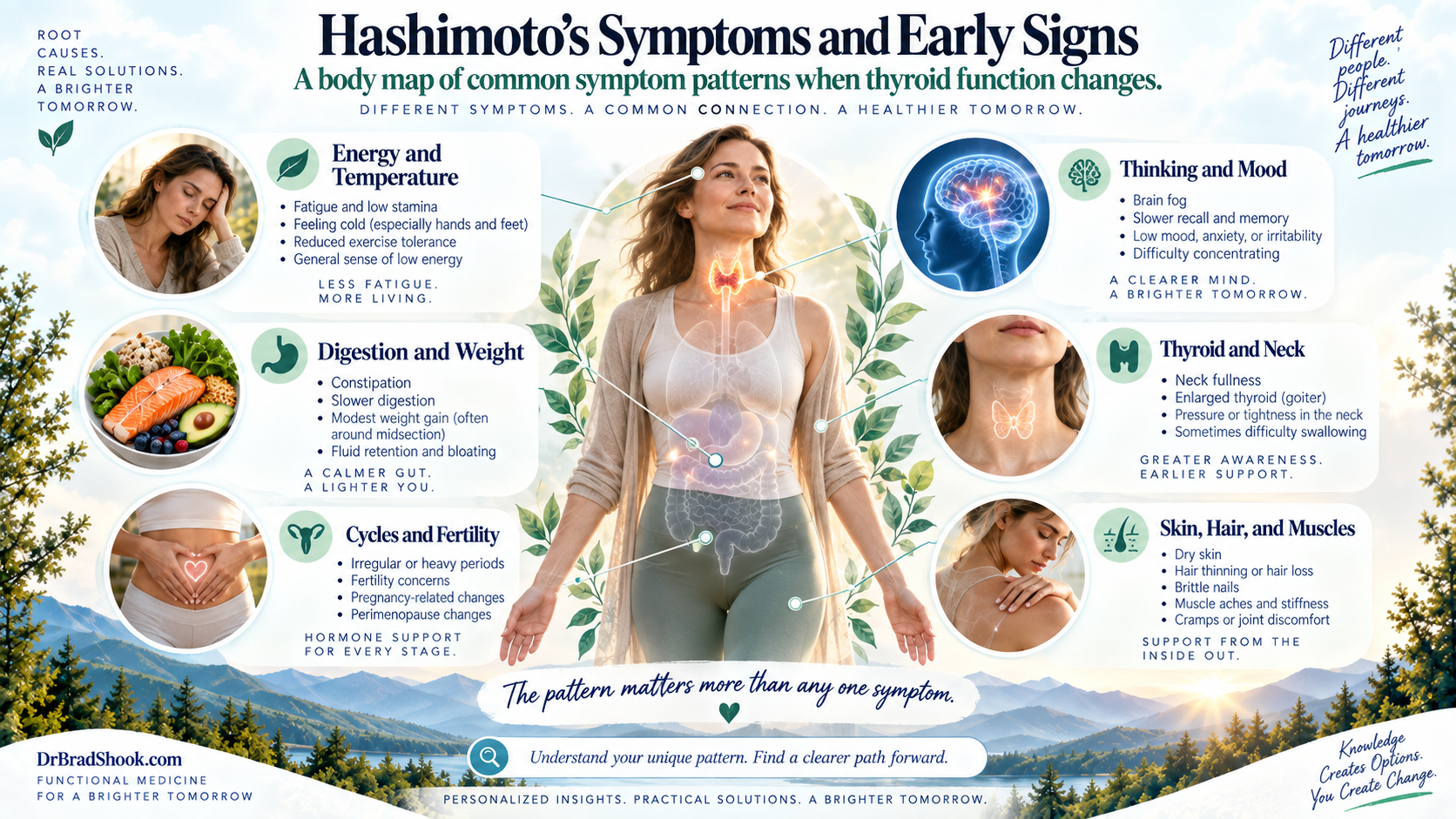 Body map of common Hashimoto's and hypothyroid symptoms involving energy, cognition, digestion, skin, muscles, and hormones