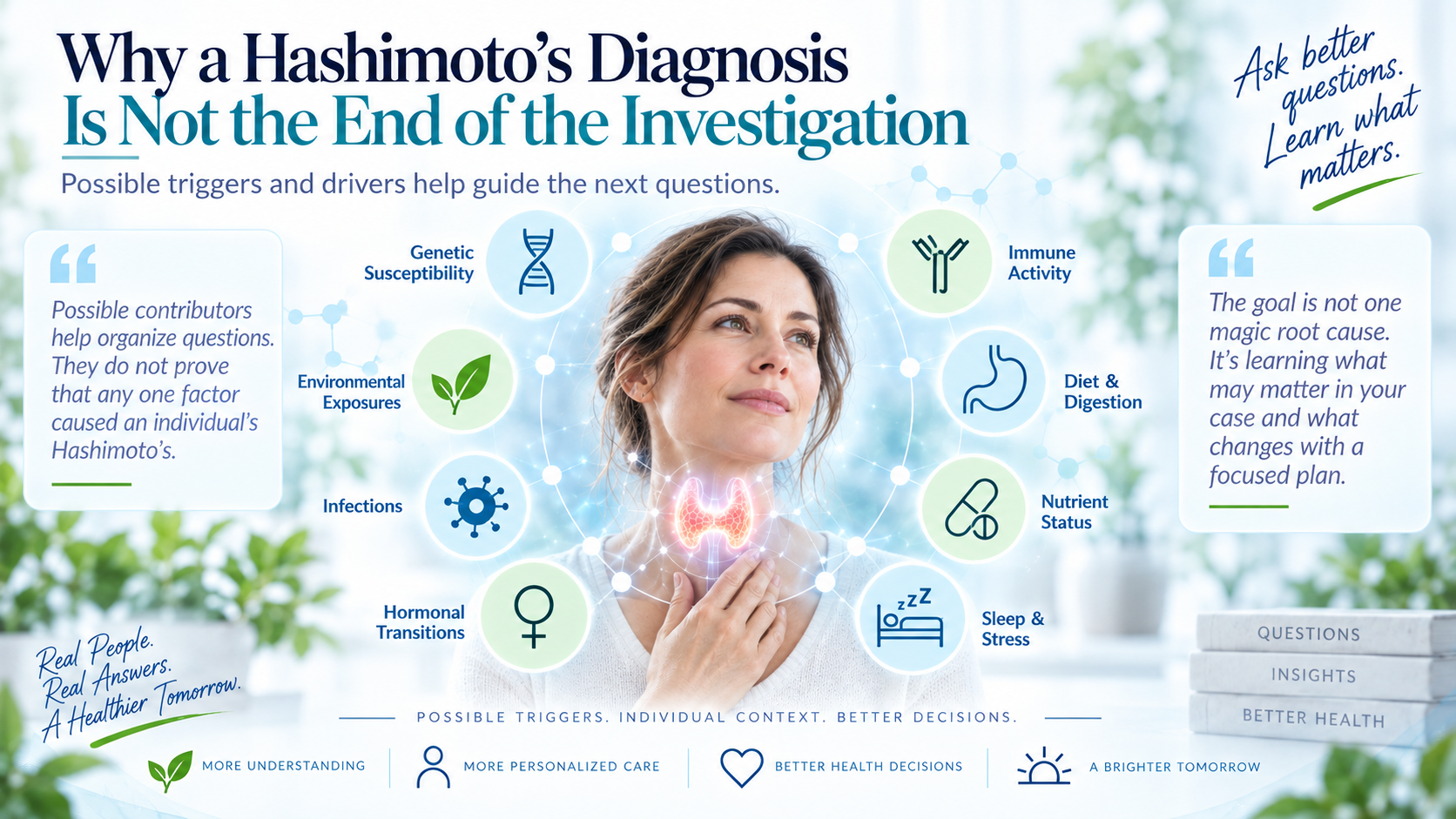 Three Hashimoto's treatment situations showing preserved thyroid function, hormone replacement, and persistent symptoms