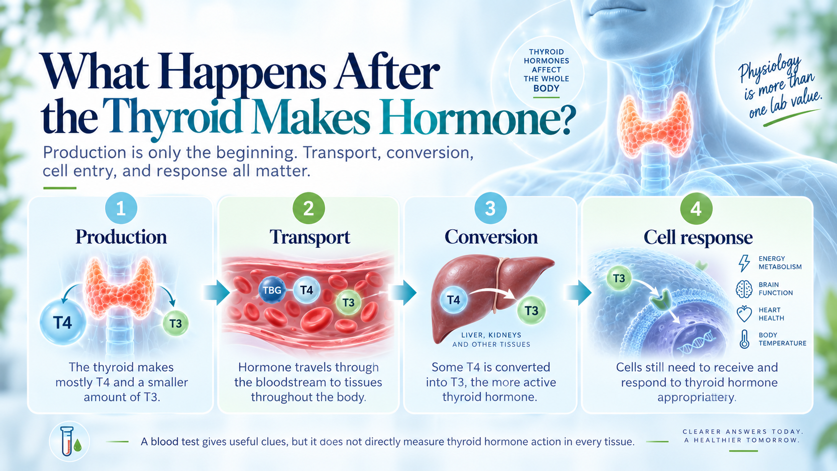 Four-step thyroid hormone pathway showing production, transport, T4-to-T3 conversion and cellular response.