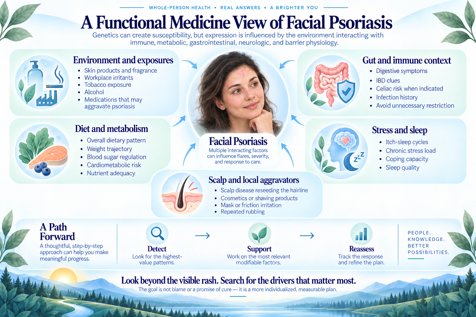 Functional medicine review of environmental, gut, metabolic, nutritional, stress, and sleep factors in facial psoriasis