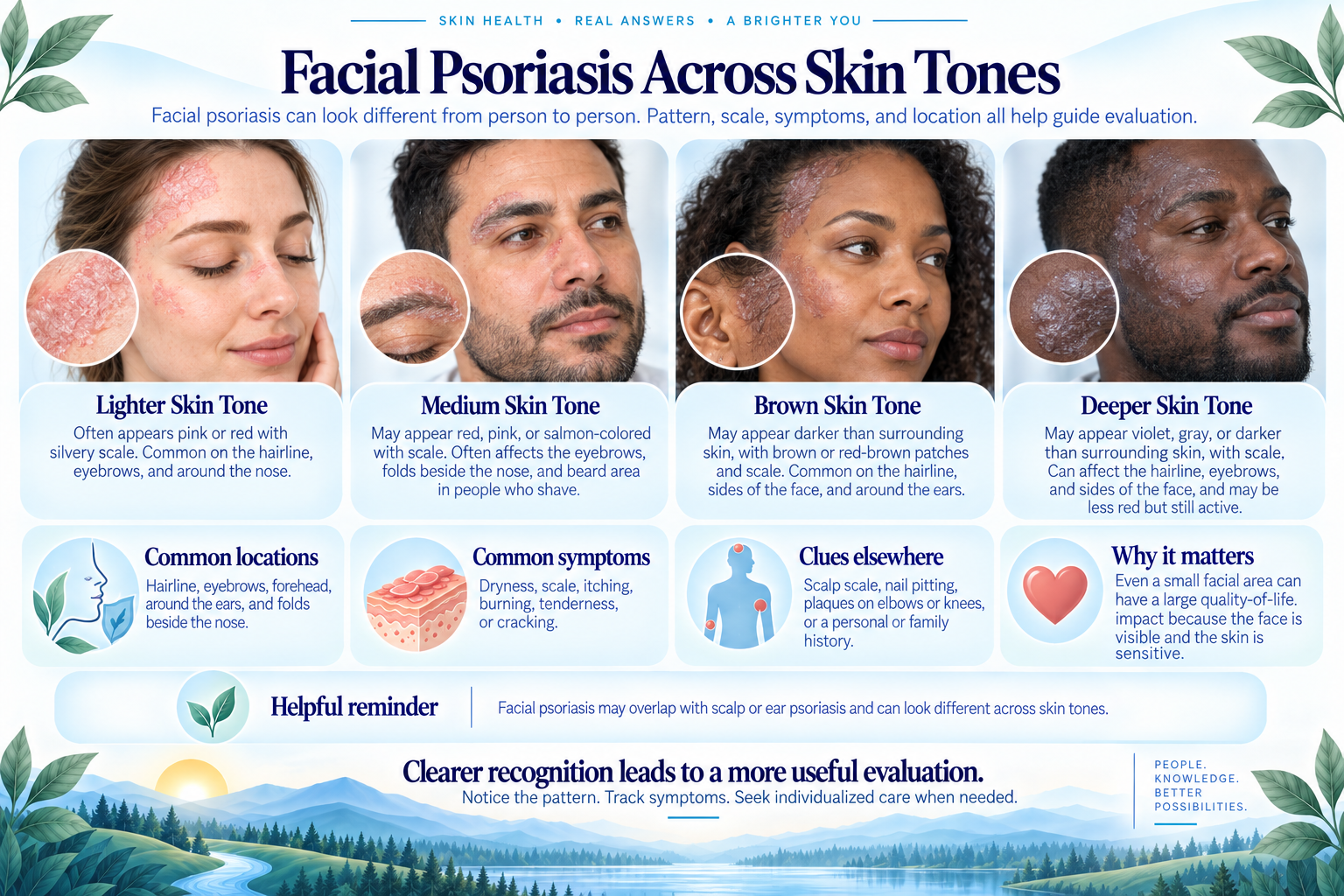 Facial psoriasis signs across a range of skin tones