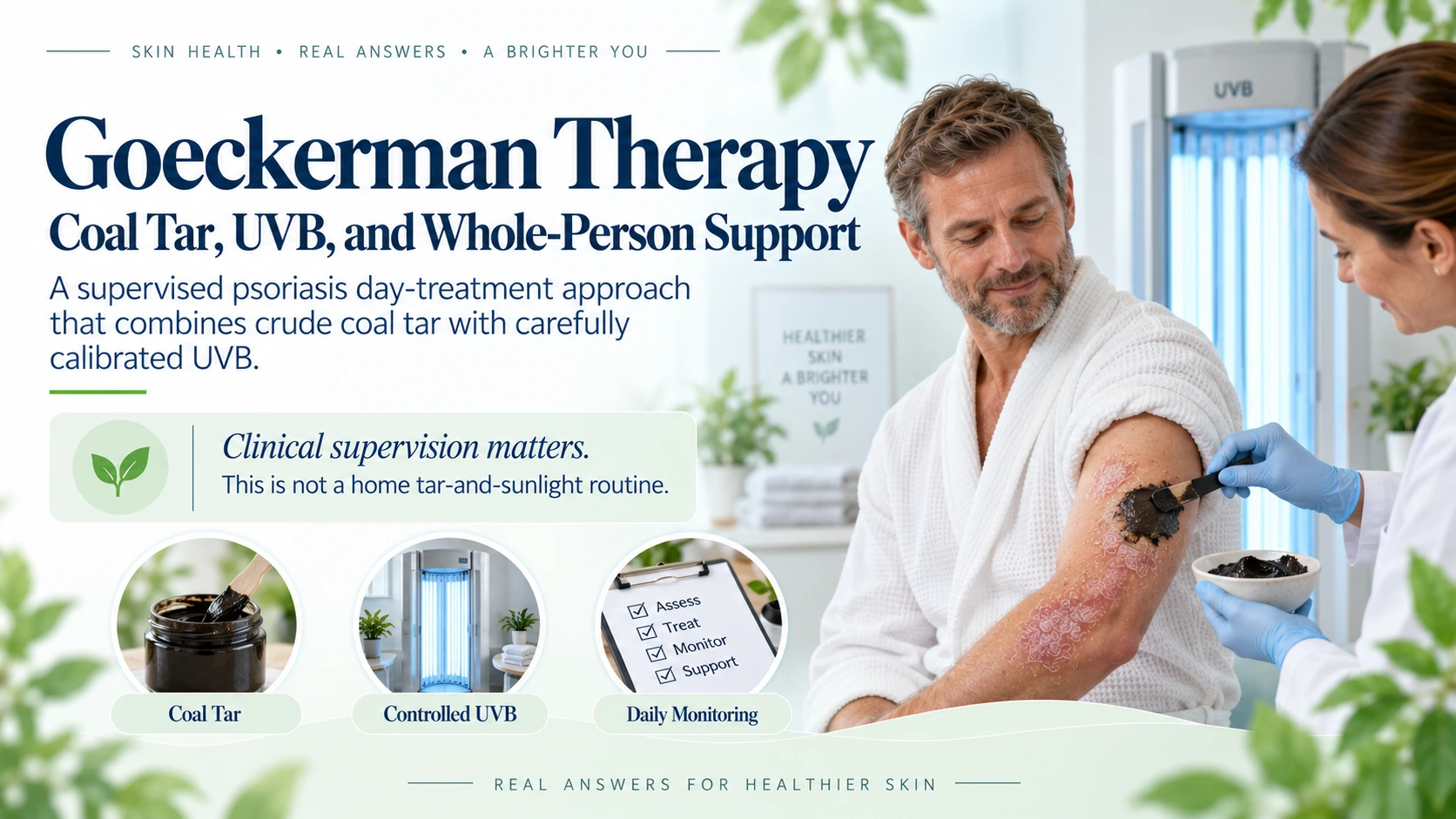 Supervised psoriasis day-treatment setting with coal tar application and calibrated UVB phototherapy