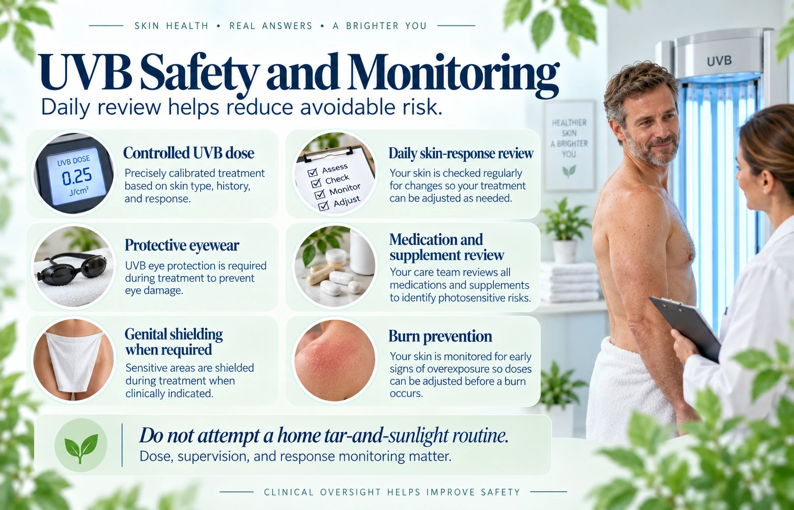 UVB dose, skin response, eye protection, medication review, and burn prevention checklist