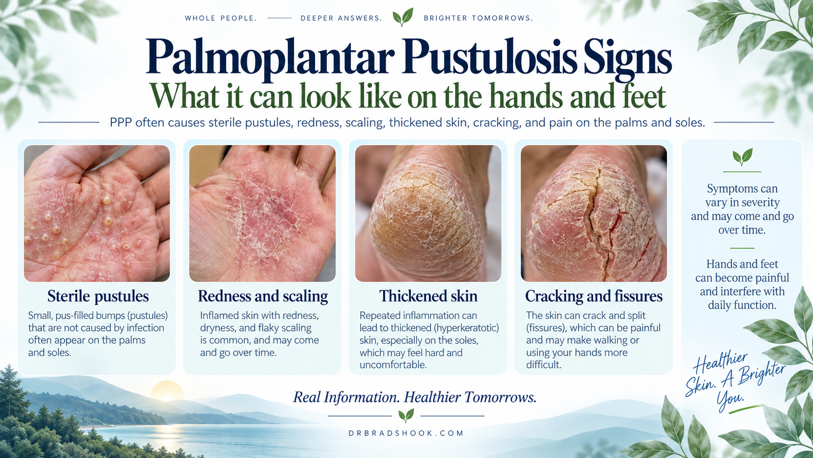 Palm and sole map showing sterile pustules, scale, and fissures