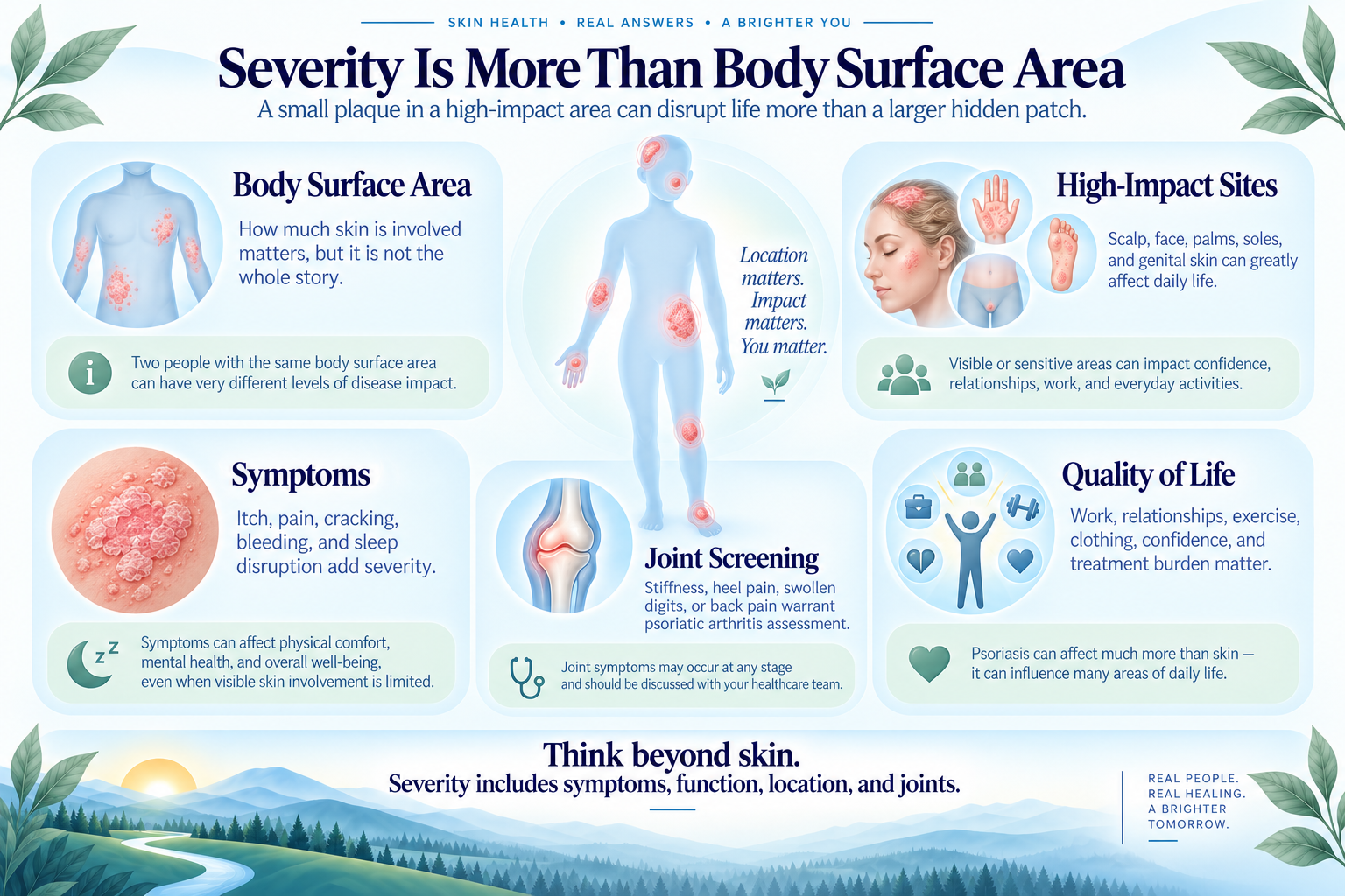 Psoriasis severity dashboard combining body area, high-impact sites, symptoms, quality of life, and joints