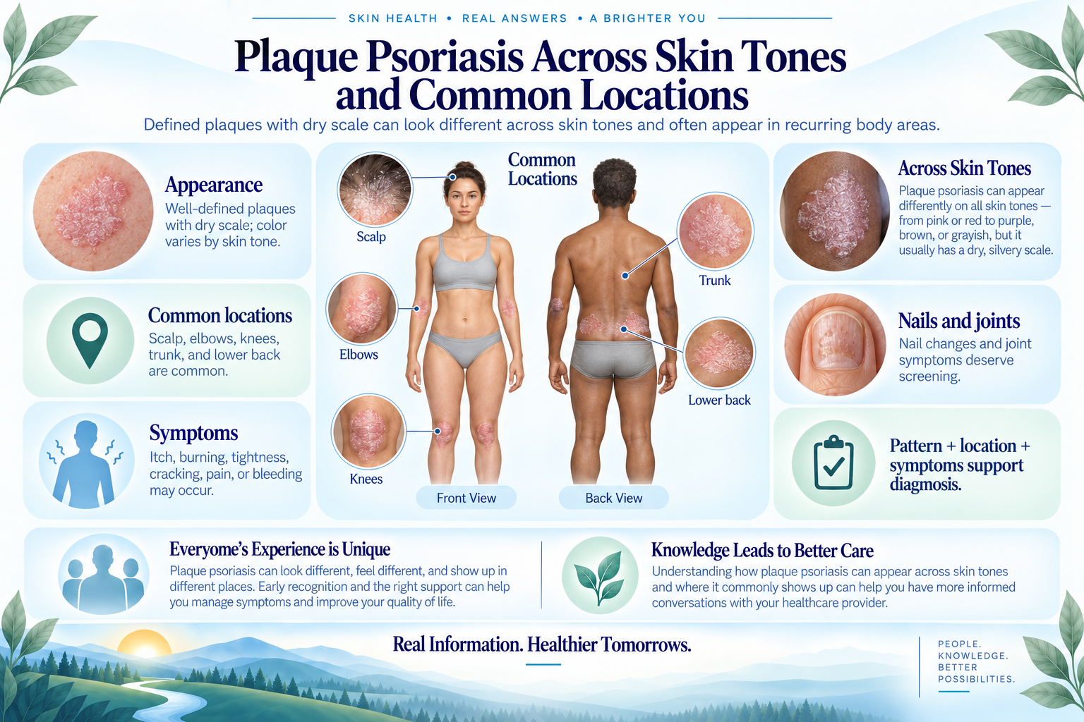 Plaque psoriasis appearance and common locations across varied skin tones