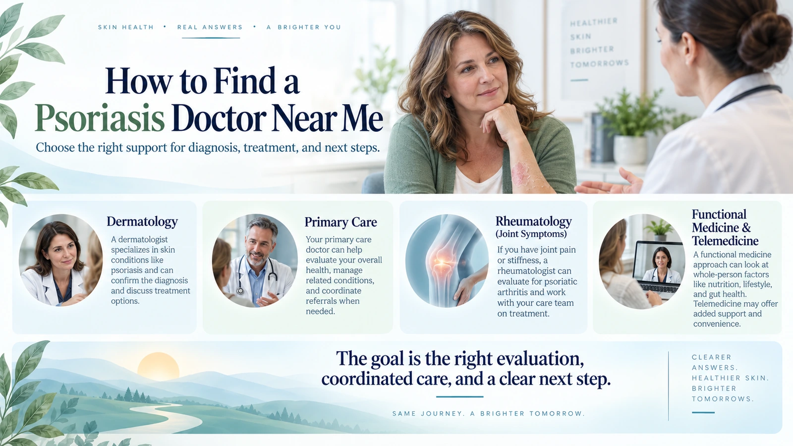 Patient choosing a coordinated psoriasis care team with dermatology, rheumatology, primary care, and functional medicine