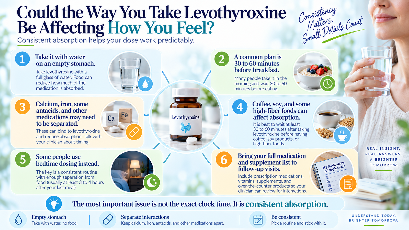 Levothyroxine absorption guide showing food, calcium, iron, coffee, medications, and digestive factors