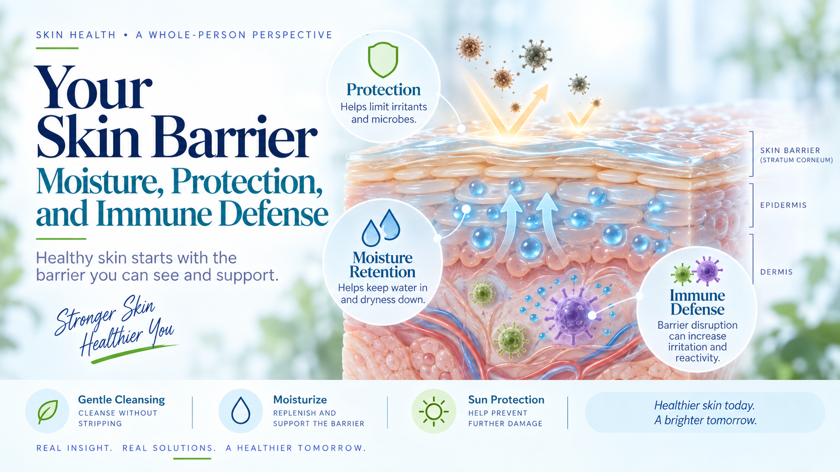 Detailed educational cross-section of the skin barrier showing surface protection, water retention, and immune activity