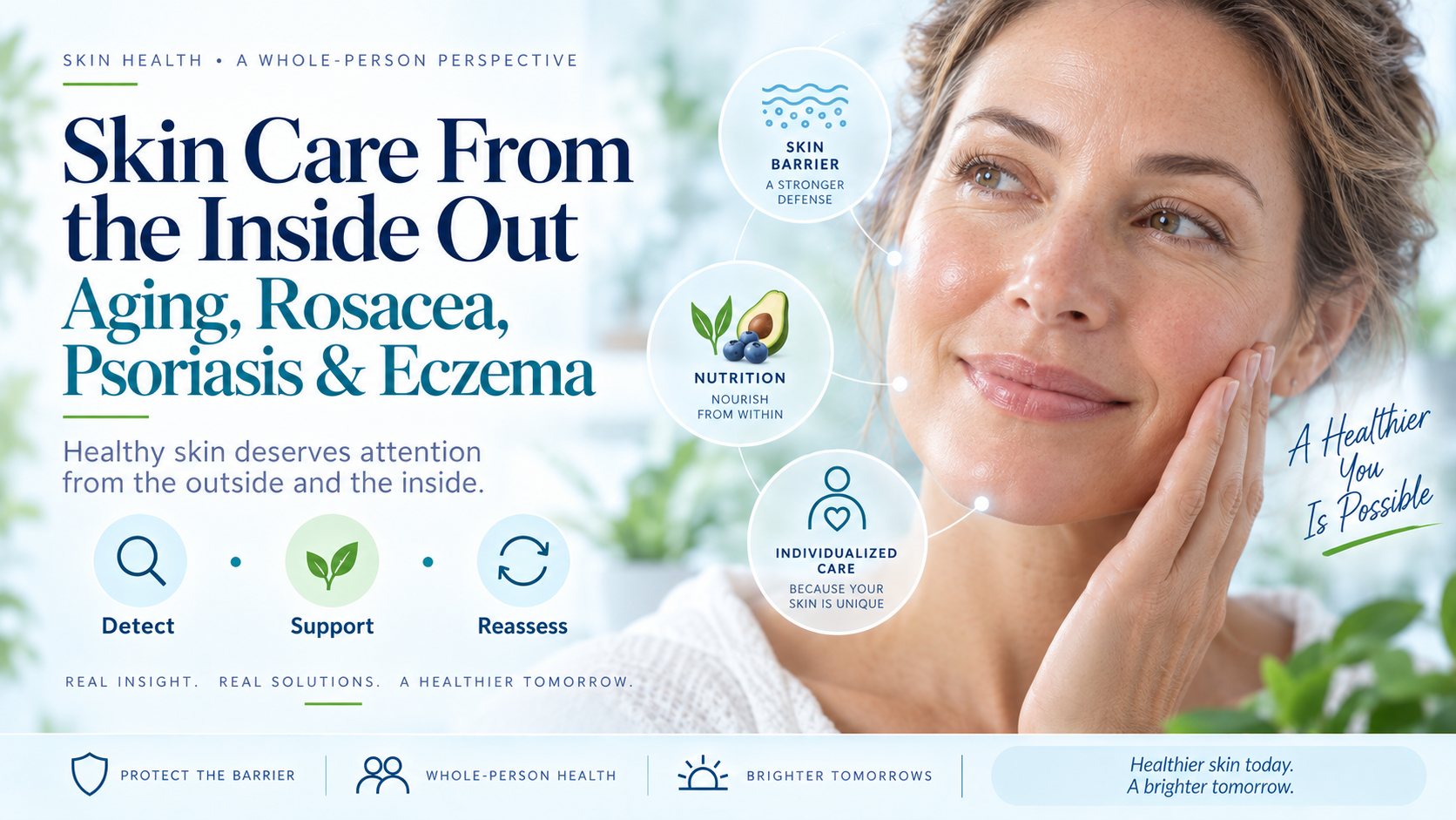 Close-up natural skin tones with a subtle visual connection between skin, nourishment, and overall health