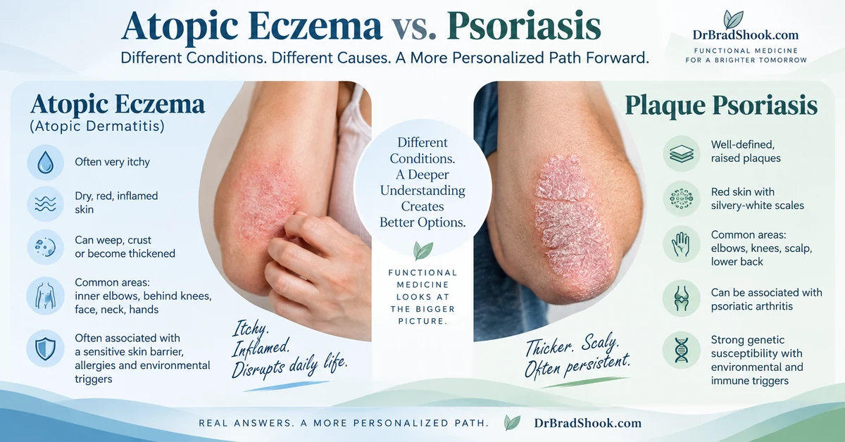 Atopic eczema compared with plaque psoriasis, including common symptoms and differences