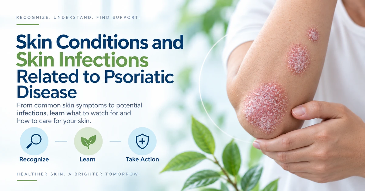 Psoriasis skin changes and skin infections can complicate psoriatic disease and may occur around psoriatic arthritis flares.