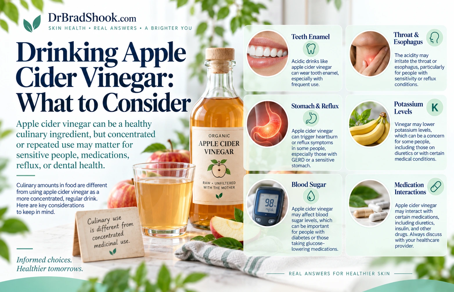 Oral apple cider vinegar considerations including teeth, esophagus, stomach, potassium, and medicines