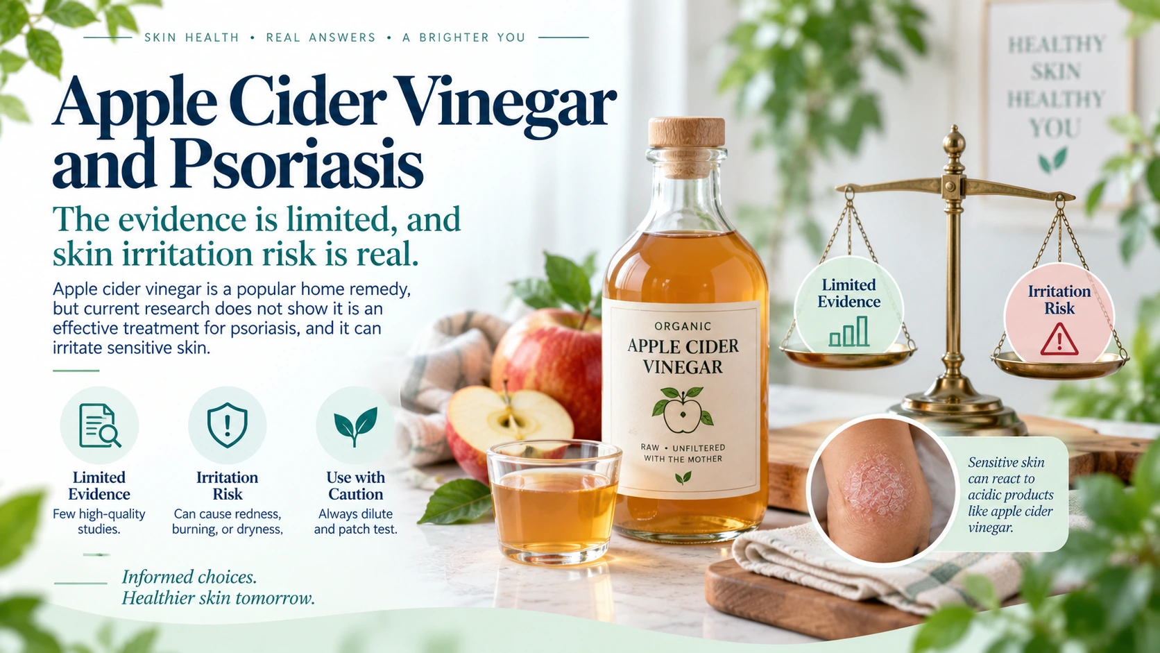 Apple cider vinegar beside an evidence scale showing uncertain psoriasis benefit and known irritation risk