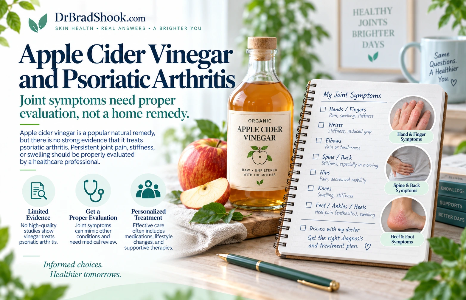 Apple cider vinegar beside joint symptom notes showing that psoriatic arthritis requires proper evaluation