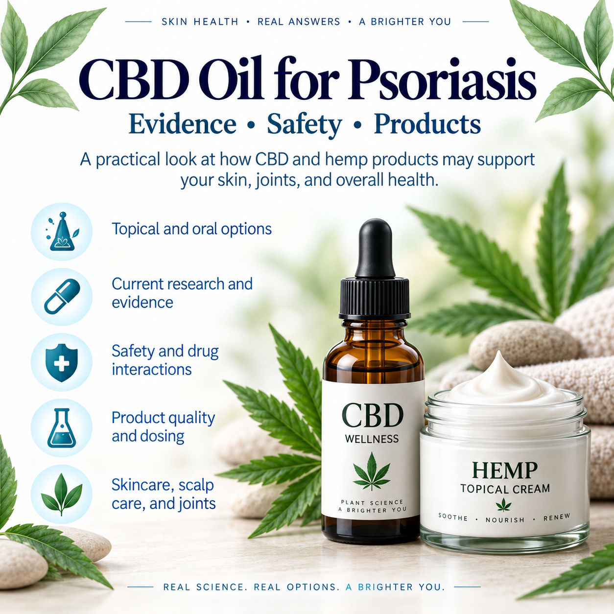 CBD dropper and topical jar beside an evidence and safety checklist for psoriasis