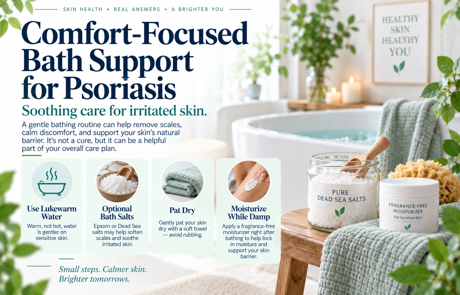 Comfort-focused psoriasis bath with lukewarm water, fragrance-free moisturizer, and optional bath salts
