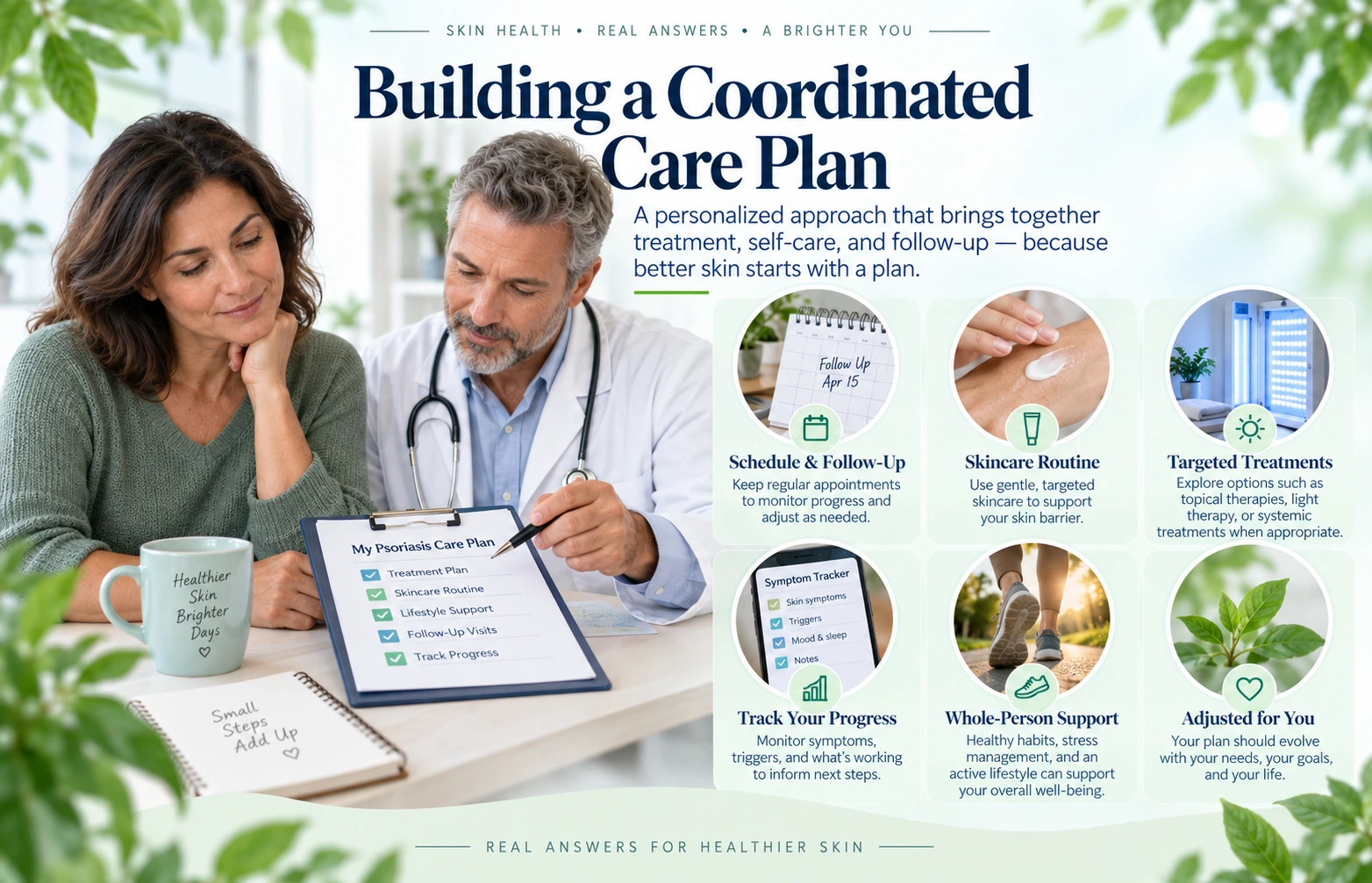 Patient reviewing a coordinated psoriasis care plan and follow-up schedule