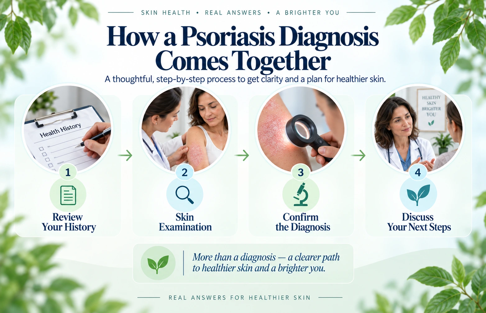 Clinical pathway from health history and skin examination to diagnosis and next steps