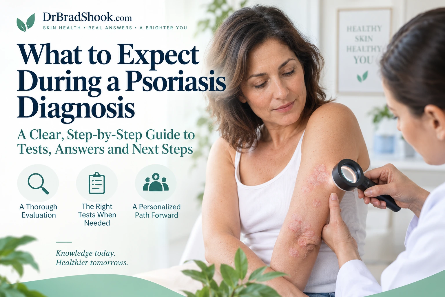 Dermatologist examining a patient's skin, scalp, and nails during a psoriasis evaluation