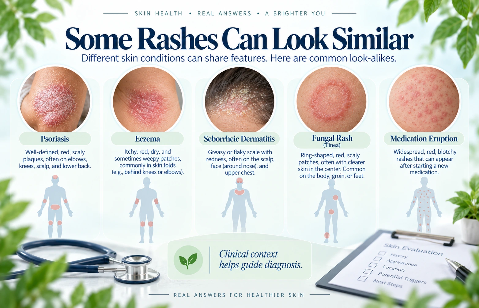 Visual comparison topics for psoriasis, eczema, seborrheic dermatitis, fungal rash, and medication eruption