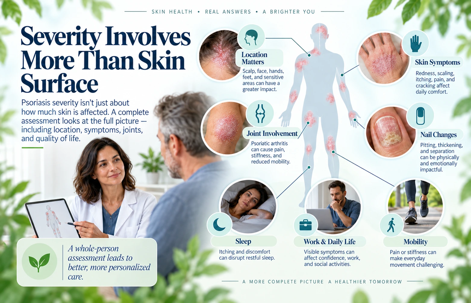 Psoriasis severity assessment including body area, location, symptoms, joints, and quality of life