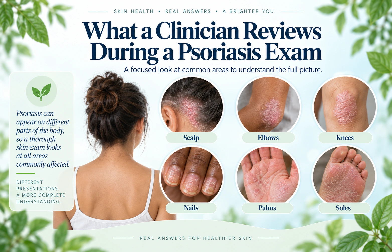 Psoriasis signs on the scalp, elbows, knees, nails, palms, and soles across varied skin tones