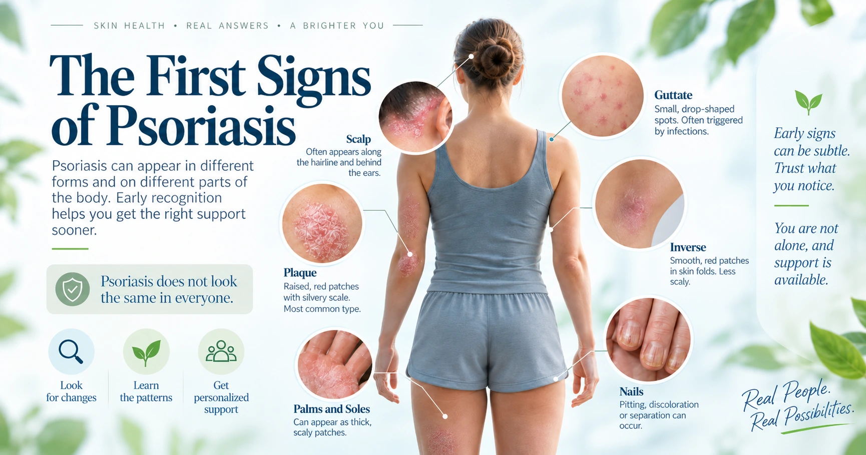 Body map showing early plaque, guttate, inverse, scalp, nail, palm, and sole patterns