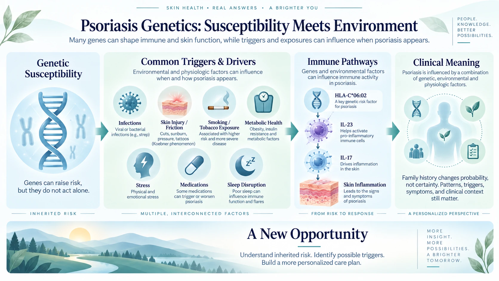 DNA and immune pathways interacting with infection, skin injury, smoking, metabolism, stress, and medications in psoriasis