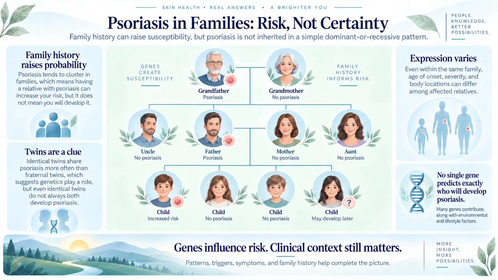 Family tree showing elevated psoriasis susceptibility without simple Mendelian inheritance