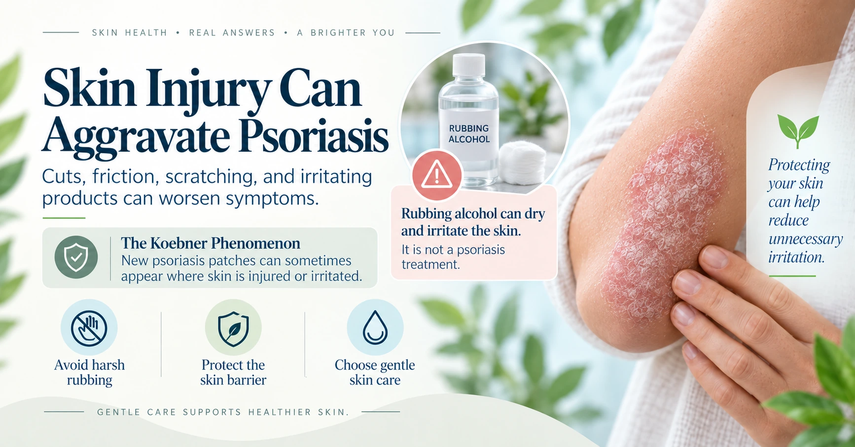Skin injury and rubbing alcohol warning illustrating irritation-related psoriasis flares