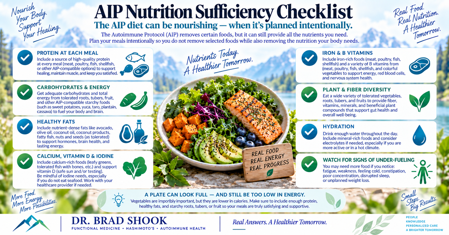 AIP nutrition checklist for energy protein carbohydrate fats micronutrients and food diversity