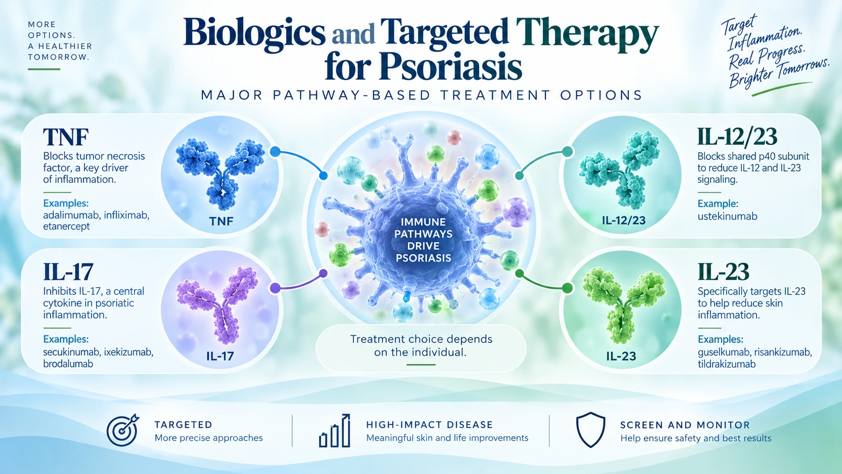 Biologic treatment for psoriasis showing targeted immune pathways including TNF, IL-17, IL-12/23, and IL-23