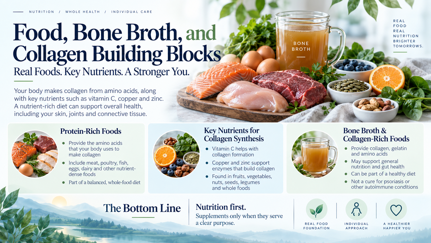 Protein foods and bone broth presented as nutrition options rather than psoriasis cures