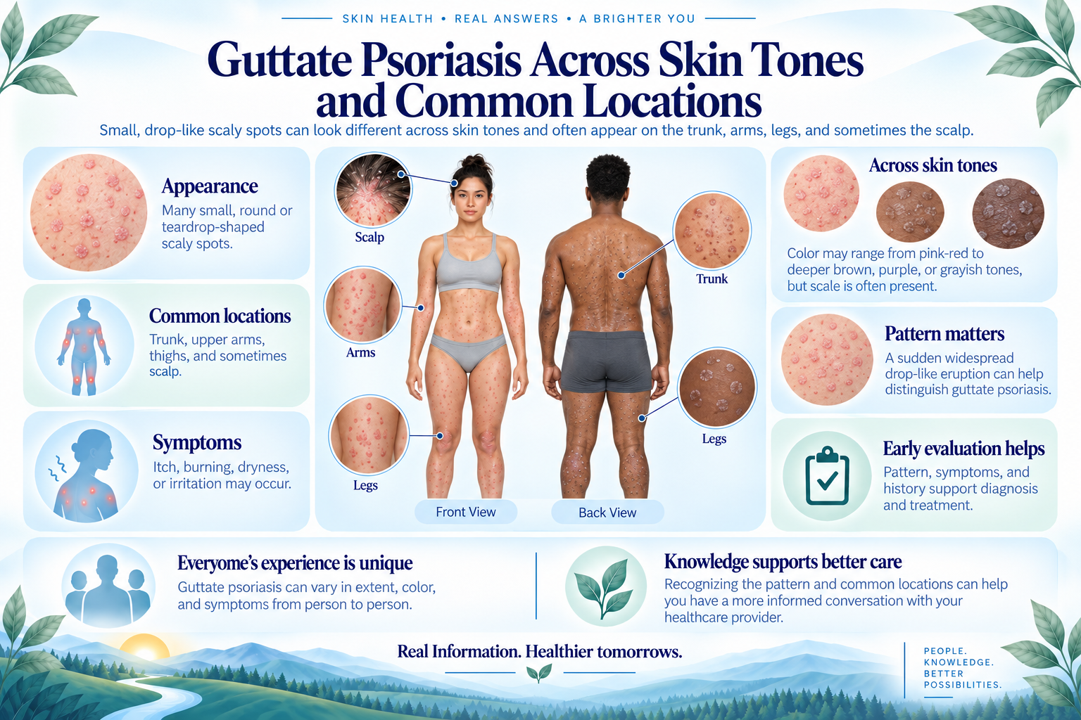 Guttate psoriasis pattern across varied skin tones