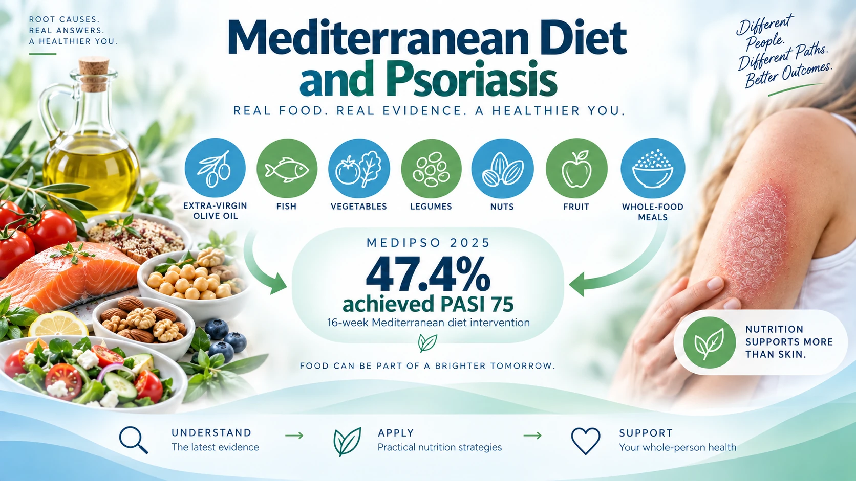 Mediterranean diet and psoriasis evidence infographic showing whole foods, olive oil, fish, vegetables, legumes, nuts, and the MEDIPSO psoriasis trial