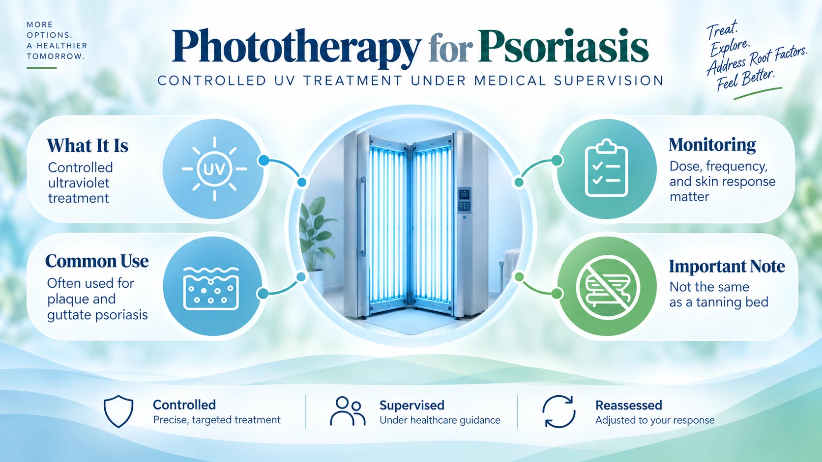 Medical phototherapy for psoriasis showing controlled narrowband UVB treatment under dermatology supervision