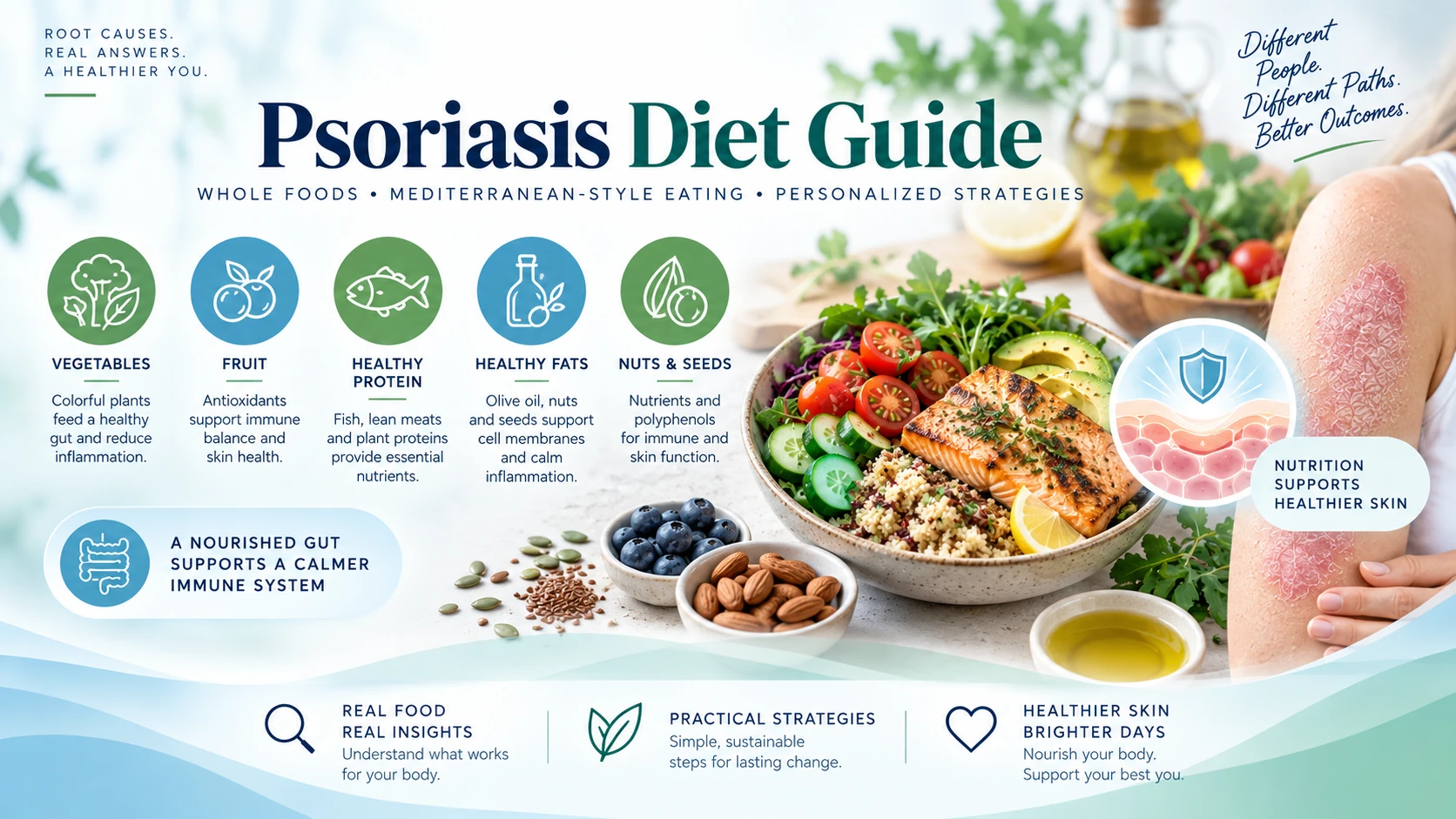 Psoriasis diet guide showing whole foods, Mediterranean-style eating, personalized elimination strategies, and functional medicine