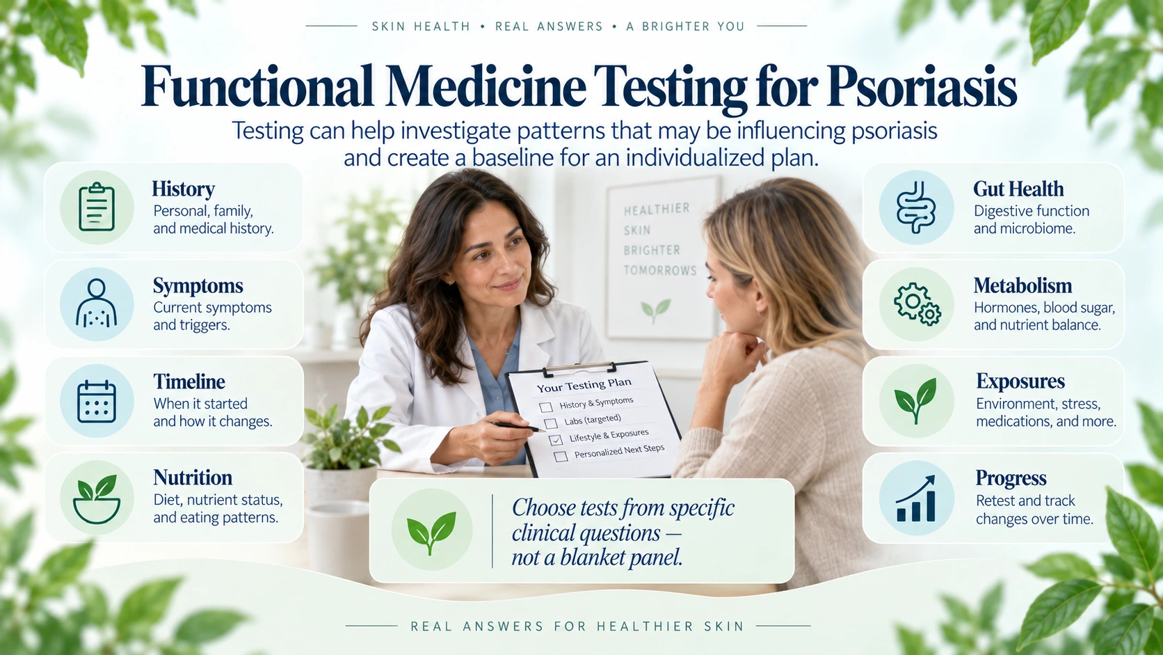 Clinician and patient choosing psoriasis tests from specific clinical questions rather than a blanket panel