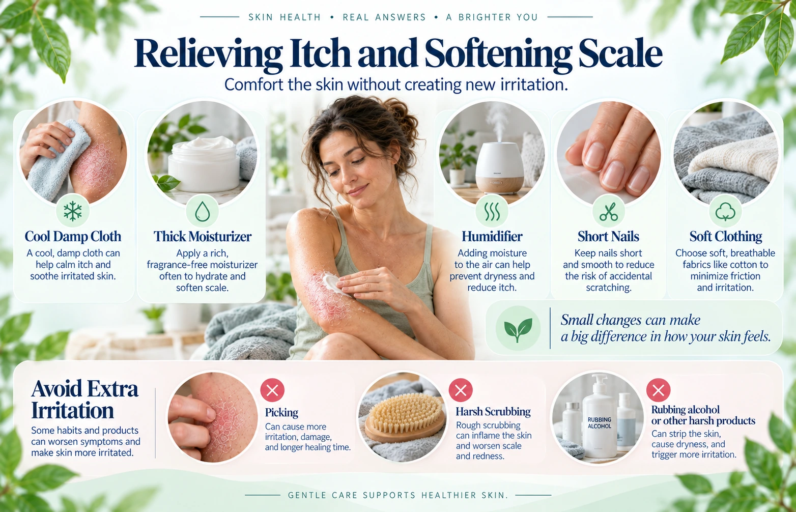 Safe comfort measures for psoriasis itch and scale without picking or harsh scrubbing