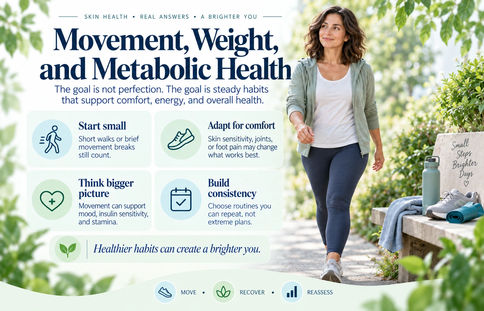 Accessible movement and metabolic health support for a person living with psoriasis