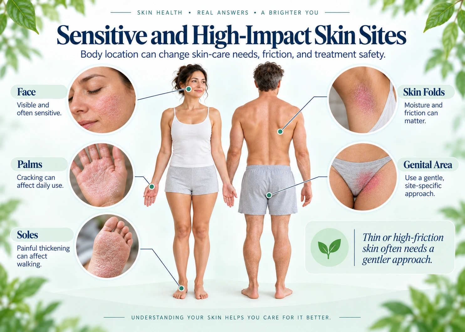 Sensitive-site skin care for face, folds, genitals, palms, and soles