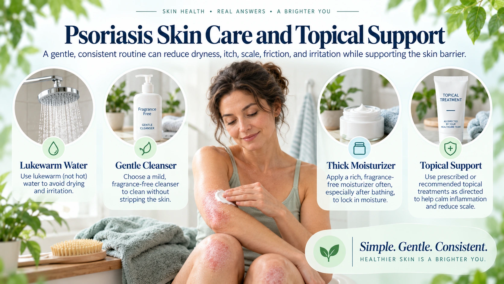 Gentle psoriasis skin-care routine with lukewarm water, fragrance-free cleanser, thick moisturizer, and prescribed topical